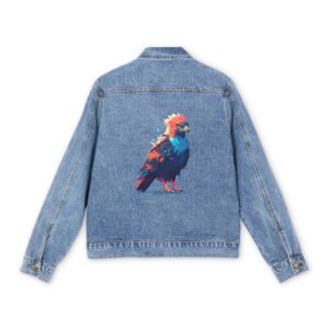 Men's denim jacket with a colorful hawk graphic design on the back