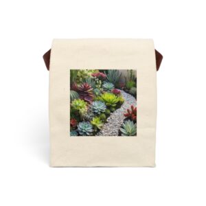 Canvas lunch bag with colorful succulent and cactus garden path design.