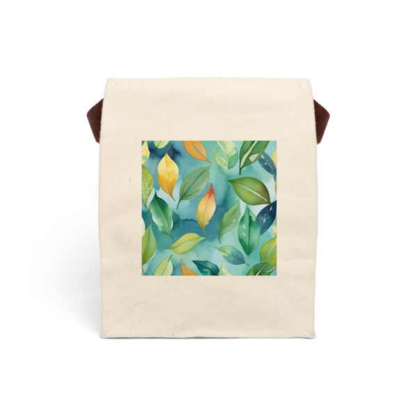 Canvas lunch bag with strap featuring a colorful watercolor leaves design