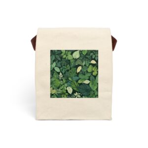 Canvas lunch bag with strap featuring a detailed green foliage pattern