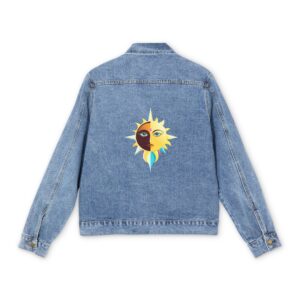 Light blue denim jacket with colorful sun and moon face design on the back