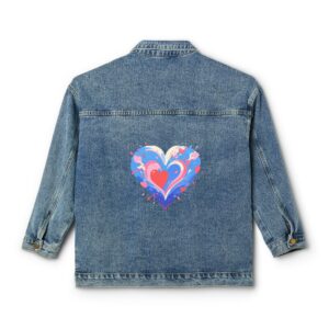 Denim jacket with a colorful pop art heart design on the back