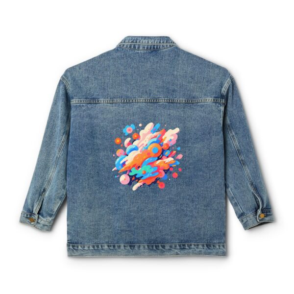 Back view of women's denim jacket with colorful geometric shapes design