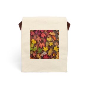 Canvas lunch bag with strap featuring colorful autumn leaves in shades of red, yellow, and orange