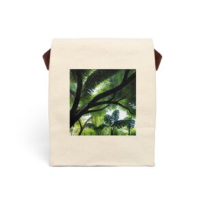 Canvas lunch bag with strap featuring a vibrant tropical leaf design