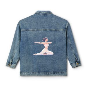 Denim jacket with a woman performing a seated yoga pose on the back