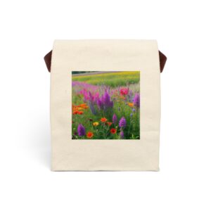 Canvas lunch bag with strap featuring a vibrant wildflower meadow design