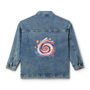 Denim jacket with a colorful geometric spiral design on the back