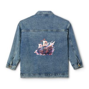 Denim jacket with a pirate ship design on the back