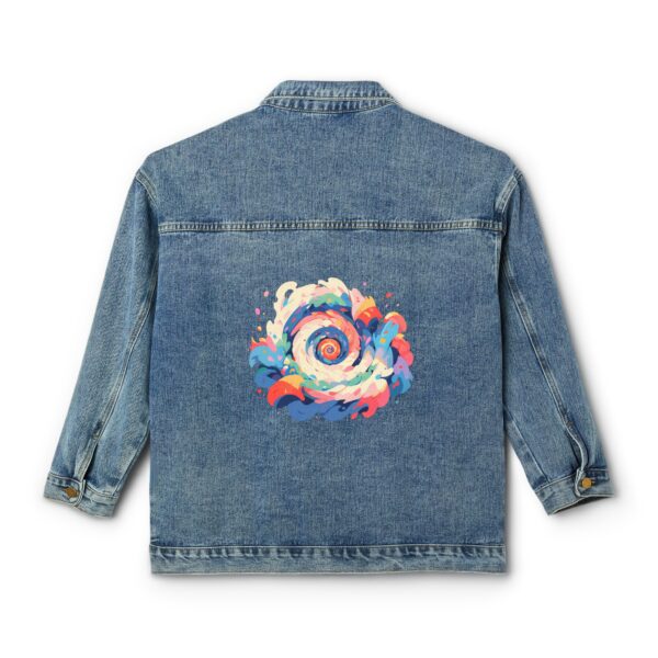 Denim jacket with a vibrant geometric spiral design on the back