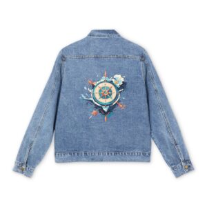 Light blue denim jacket with colorful marine compass design on the back