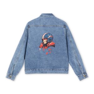 Light blue denim jacket with colorful American football player design on the back