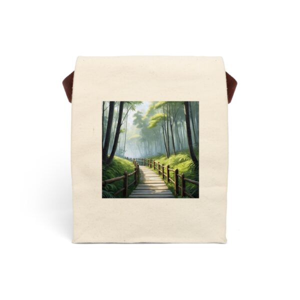 Canvas lunch bag with strap featuring a peaceful bamboo forest pathway design