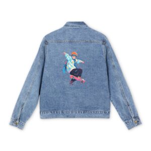 Light blue denim jacket with colorful skateboarder mid-air trick design on the back