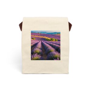 Canvas lunch bag with strap featuring a vibrant lavender field landscape design