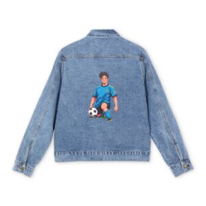 Light blue denim jacket with colorful soccer player sitting design on the back