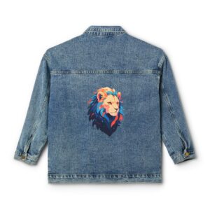 Denim jacket with a colorful lion design on the back