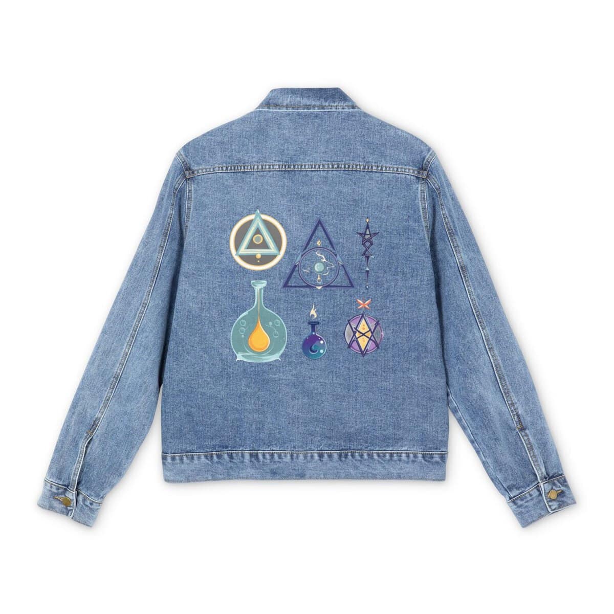 Men's denim jacket with colorful alchemical symbols on the back