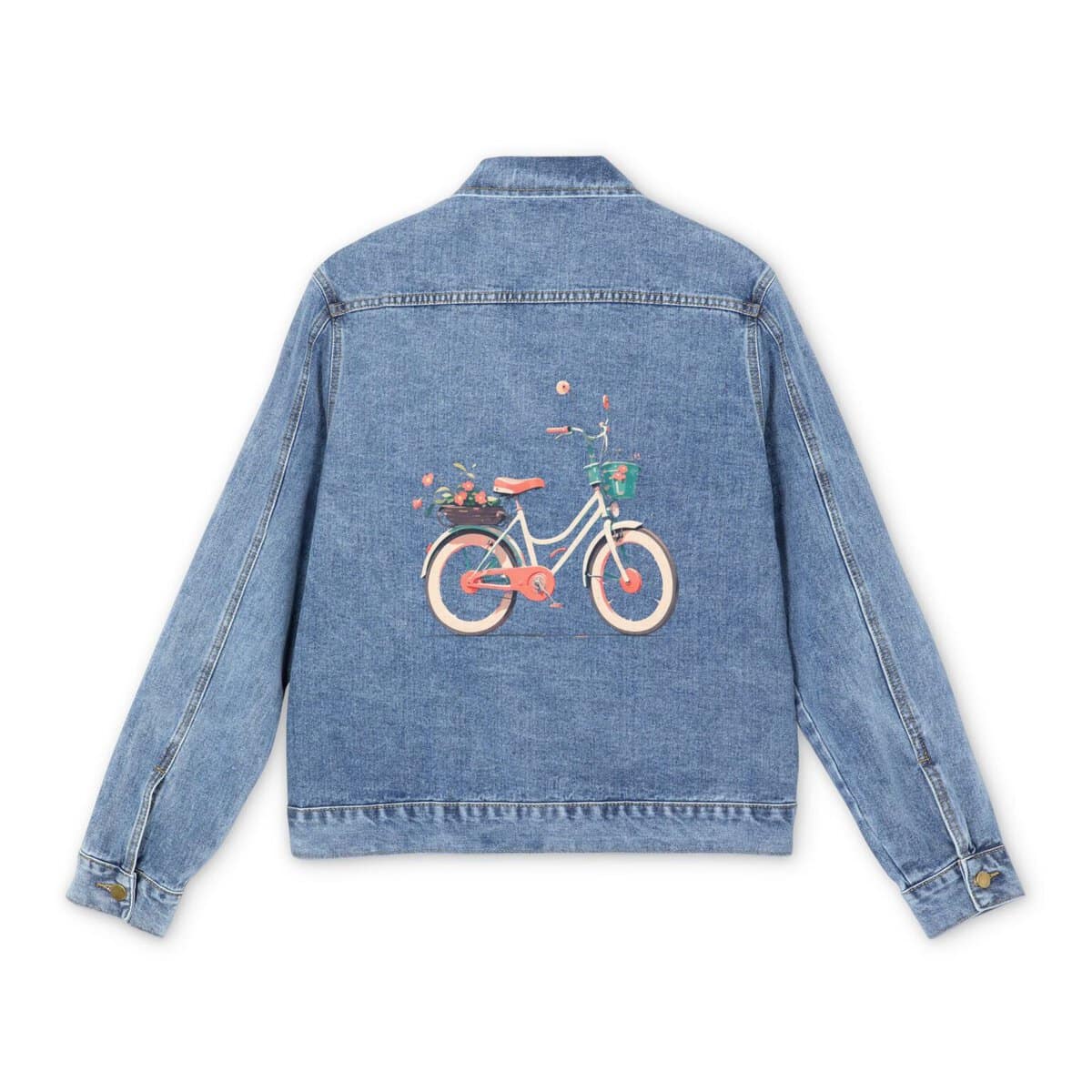 Men's denim jacket with a colorful bicycle graphic design on the back