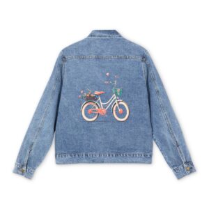 Men's denim jacket with a colorful bicycle graphic design on the back