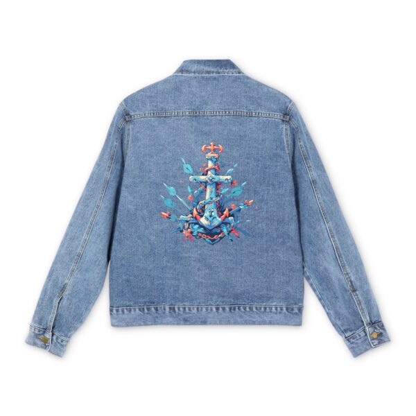 Light blue denim jacket with colorful anchor design on the back