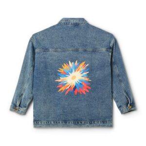 Denim jacket with a vibrant geometric starburst design on the back