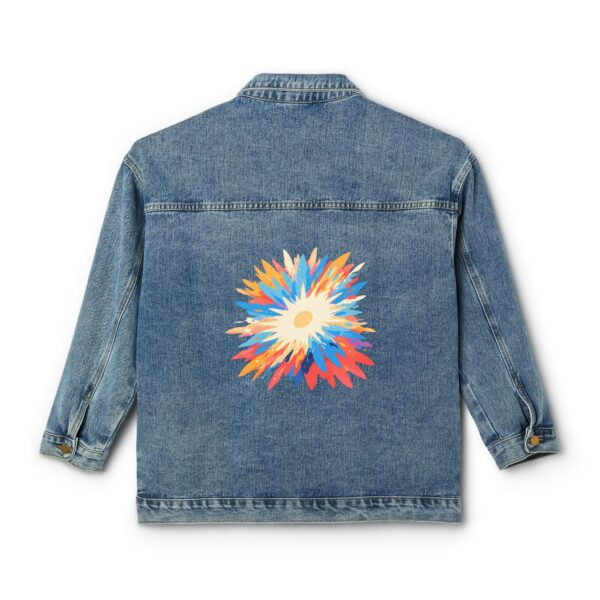 Denim jacket with a vibrant geometric starburst design on the back