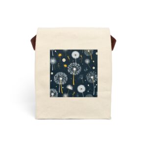 Canvas lunch bag with strap featuring a dandelion seed pattern with yellow accents on a dark background