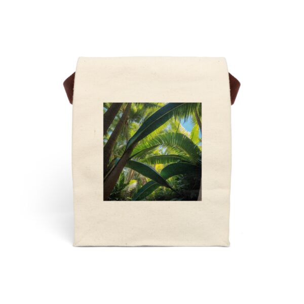 Canvas lunch bag with tropical palm leaves design.