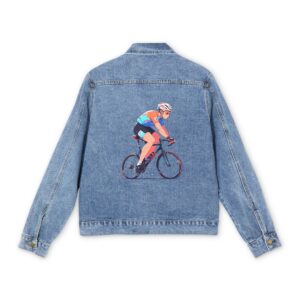 Light blue denim jacket with colorful cycling racer design on the back