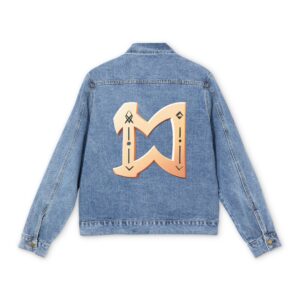 Men's denim jacket with a large ancient rune symbol in gold on the back