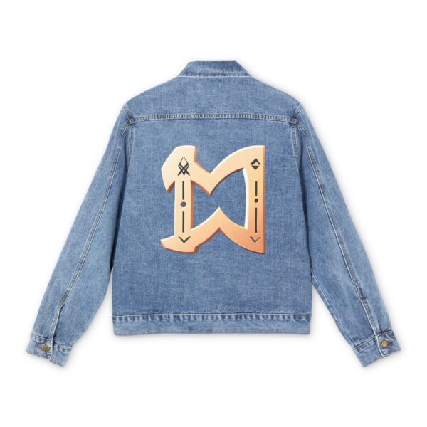 Men's denim jacket with a large ancient rune symbol in gold on the back