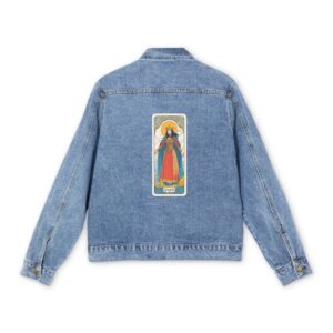 Light blue denim jacket with a colorful tarot card design on the back