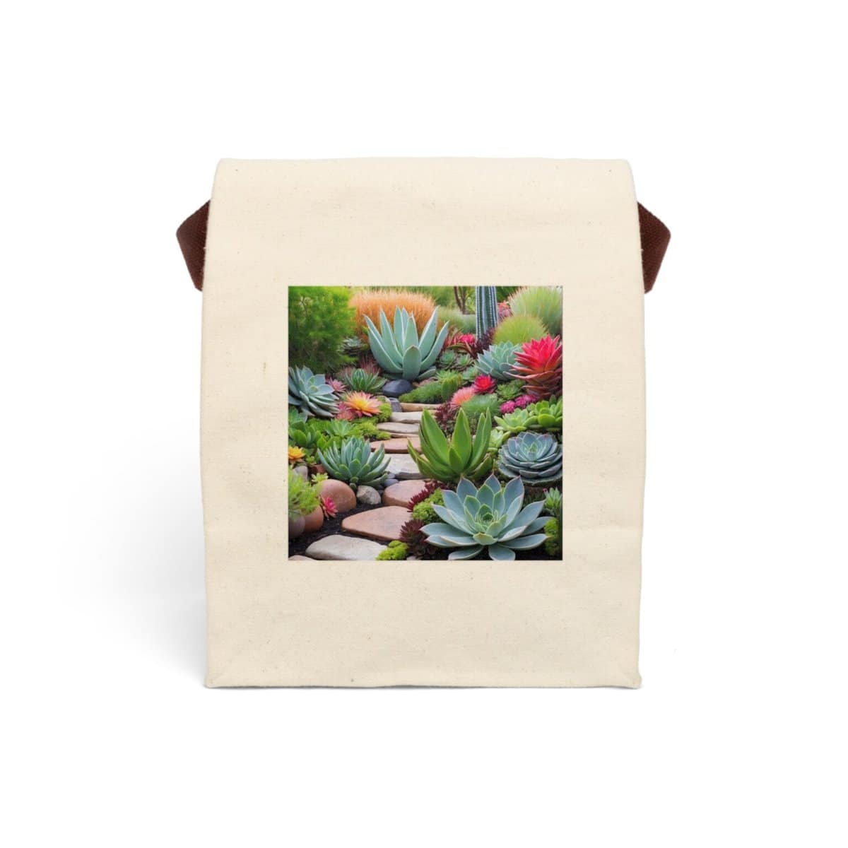 Canvas lunch bag with colorful cactus and succulent garden design.