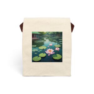 Canvas lunch bag with strap featuring a serene lotus pond with blossoms design