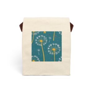 Canvas lunch bag with strap featuring a stylized dandelion seed pattern with yellow stems on a teal background