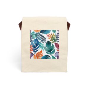 Canvas lunch bag with strap featuring a colorful tropical watercolor leaves design