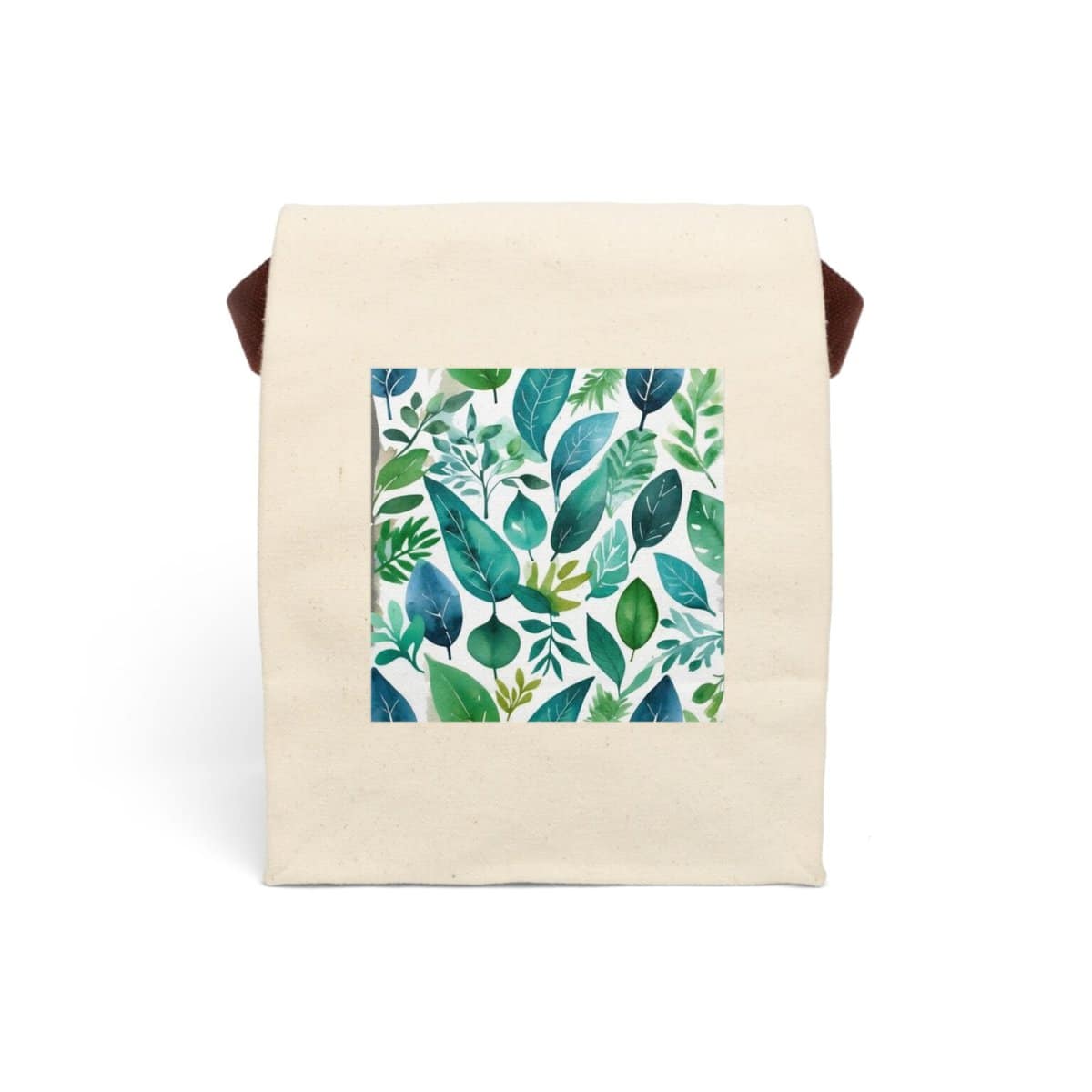 Canvas lunch bag with strap featuring a green and blue watercolor leaves design