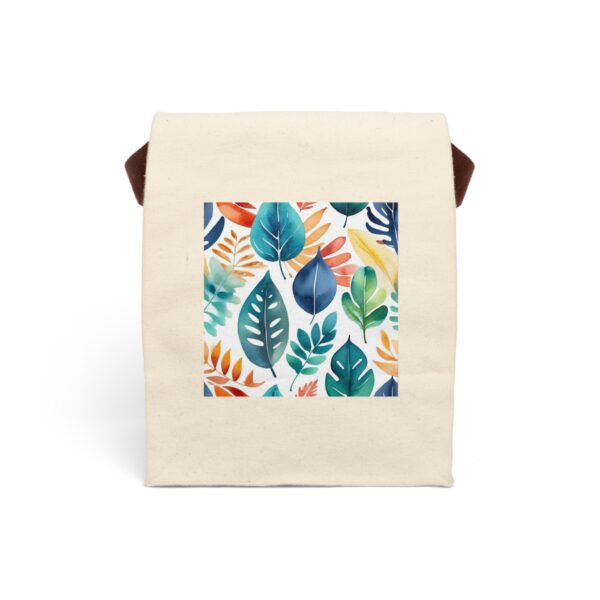 Canvas lunch bag with strap featuring a colorful watercolor leaf pattern design