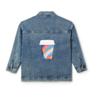 Denim jacket with a colorful to-go coffee cup design on the back