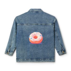 Denim jacket with a colorful doughnut design on the back