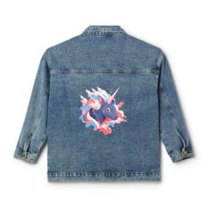 Denim jacket with a colorful unicorn design on the back