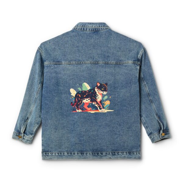 Denim jacket with a colorful jaguar design on the back