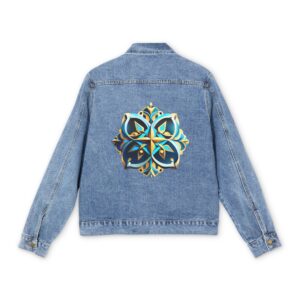 Light blue denim jacket with a vibrant sacred geometric patterns design on the back