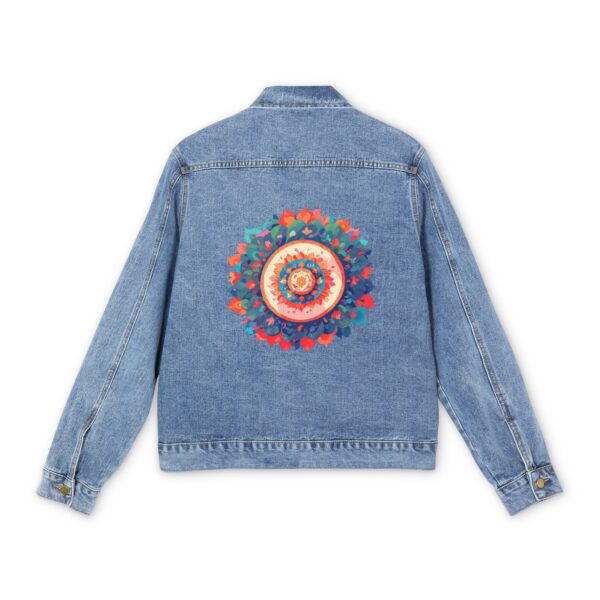 Men's denim jacket with a colorful mandala graphic design on the back