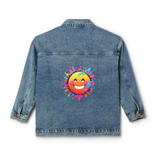 Denim jacket with a vibrant smiley face design surrounded by colorful splashes on the back