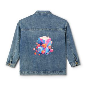 Back view of women's denim jacket with colorful 3D cube illusion design