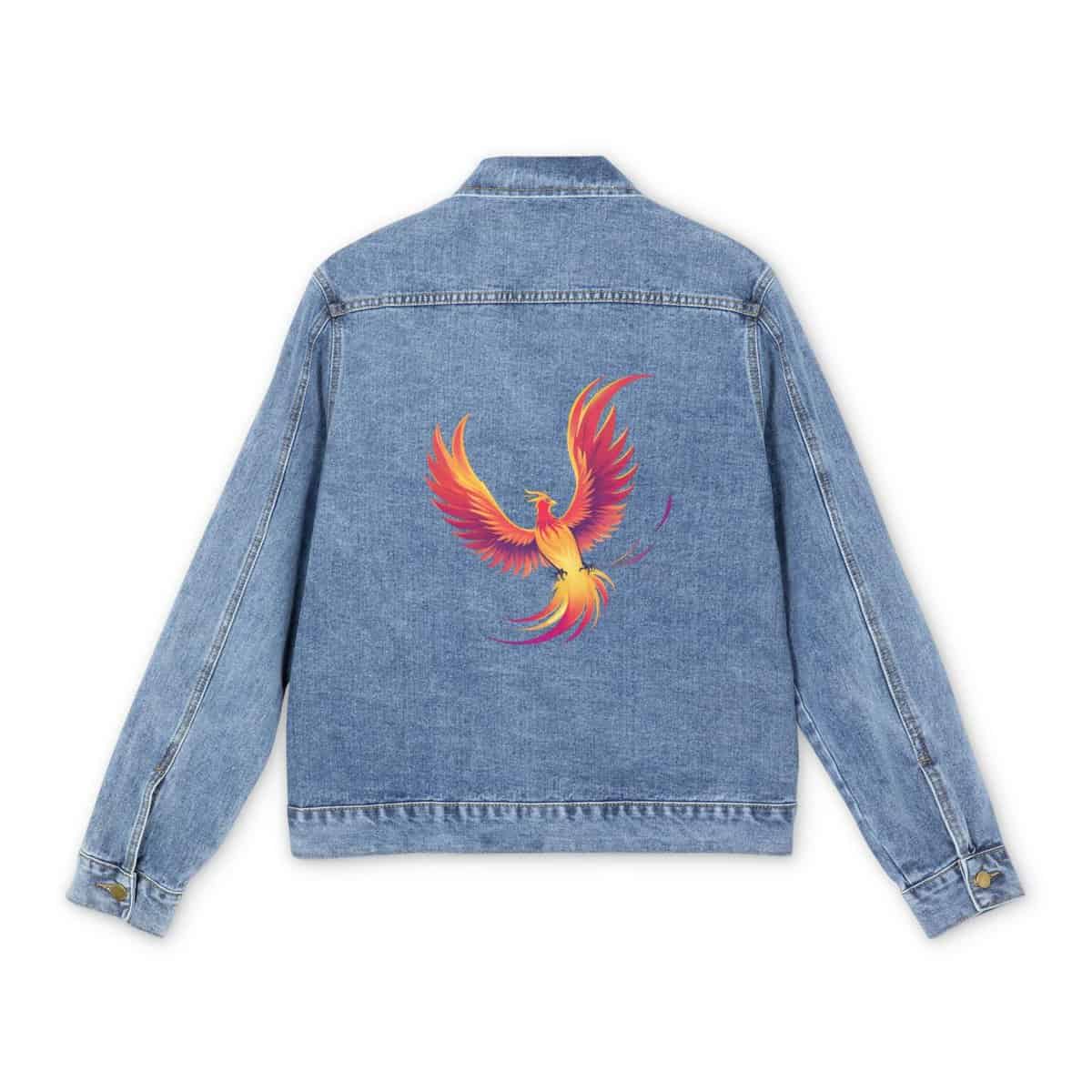 Light blue denim jacket with colorful phoenix design on the back