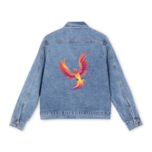 Light blue denim jacket with colorful phoenix design on the back