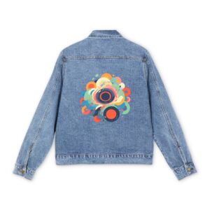 Men's denim jacket with a colorful concentric circles graphic design on the back